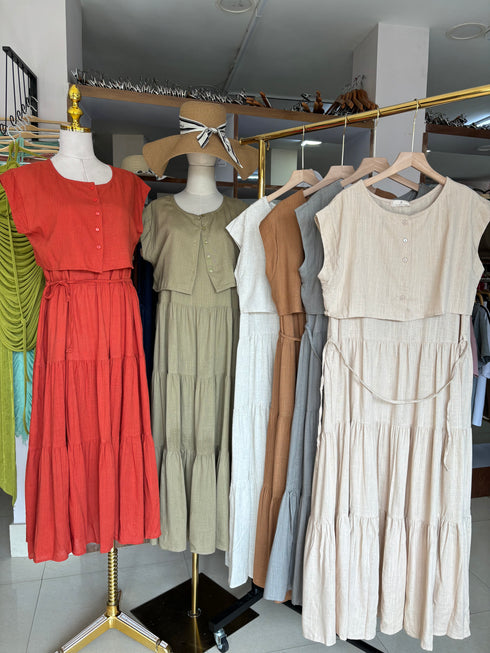 Linen Tiered Sundress With Crop Cardigan Sets